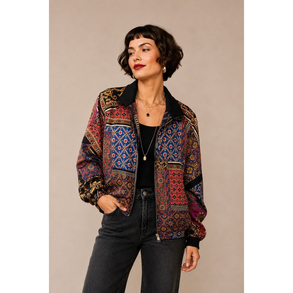 Urban Outfitters S Printed Bomber Jacket Jewel Tone Statement Fall